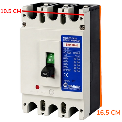 A Shihlin molded case circuit breaker, model BM100-HN, with a white plastic housing, blue and yellow labels, and a central green and black switch.