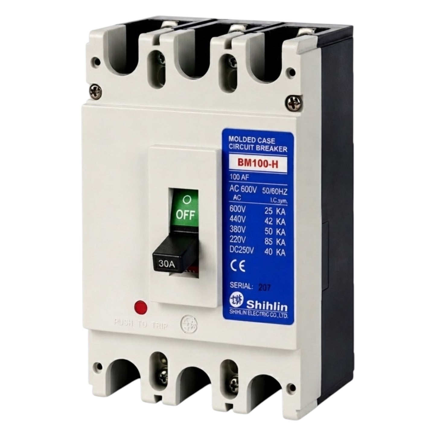 Shihlin BM100-H molded case circuit breaker, 30A AC 600V, featuring a white front, black side and top/bottom components, a blue technical label, and a green/off switch.