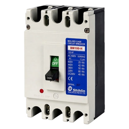 Shihlin BM100-H molded case circuit breaker, 30A AC 600V, featuring a white front, black side and top/bottom components, a blue technical label, and a green/off switch.