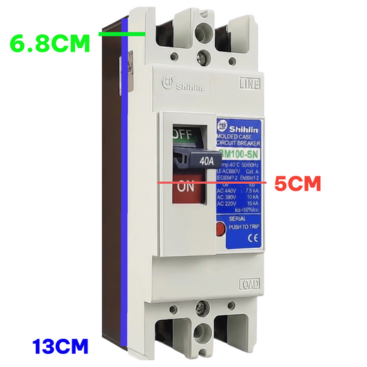 Shihlin ZM100-SN molded plastic circuit breaker with dimension annotations showing 6.8cm, 5cm, and 13cm measurements on a white background.