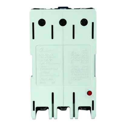 A light green electrical circuit breaker module with black terminal slots, mounting holes, and a small red indicator light, shown against a plain white background.