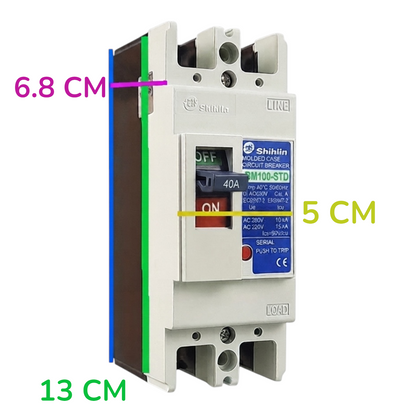 Shihlin BM100STD molded circuit breaker with dimension annotations showing 13 cm width, 6.8 cm side depth, and 5 cm front switch area on a white background.