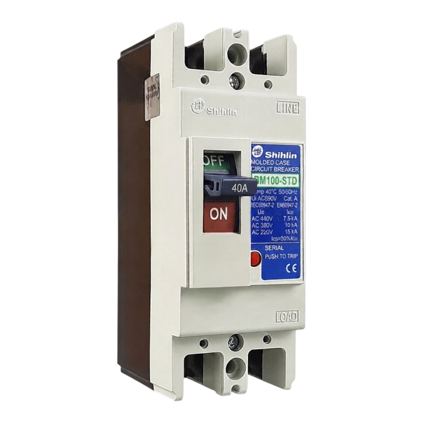 Shihlin BM100-STD 40A molded circuit breaker with a white front, brown side, and blue label, shown on a white background.