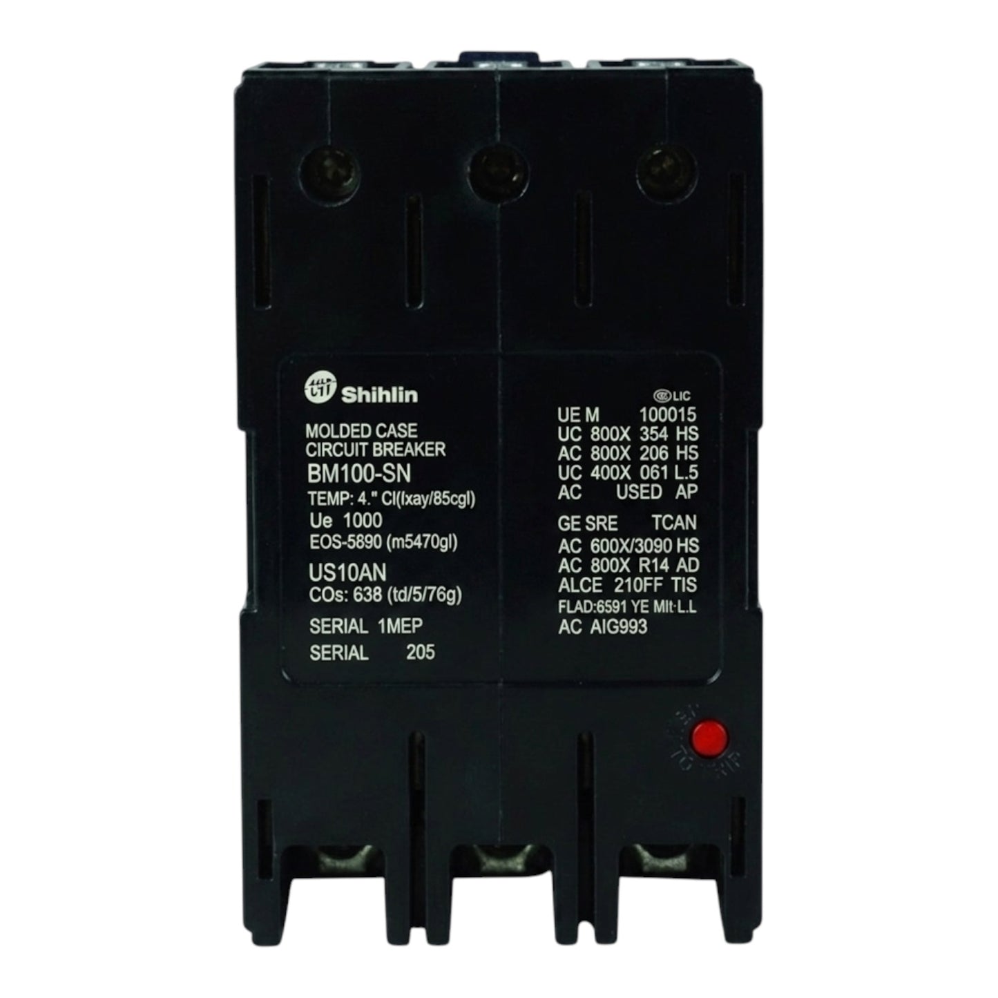 Shihlin BM100-HN molded case circuit breaker, black plastic with white technical specifications printed on the front, featuring a small red reset button.