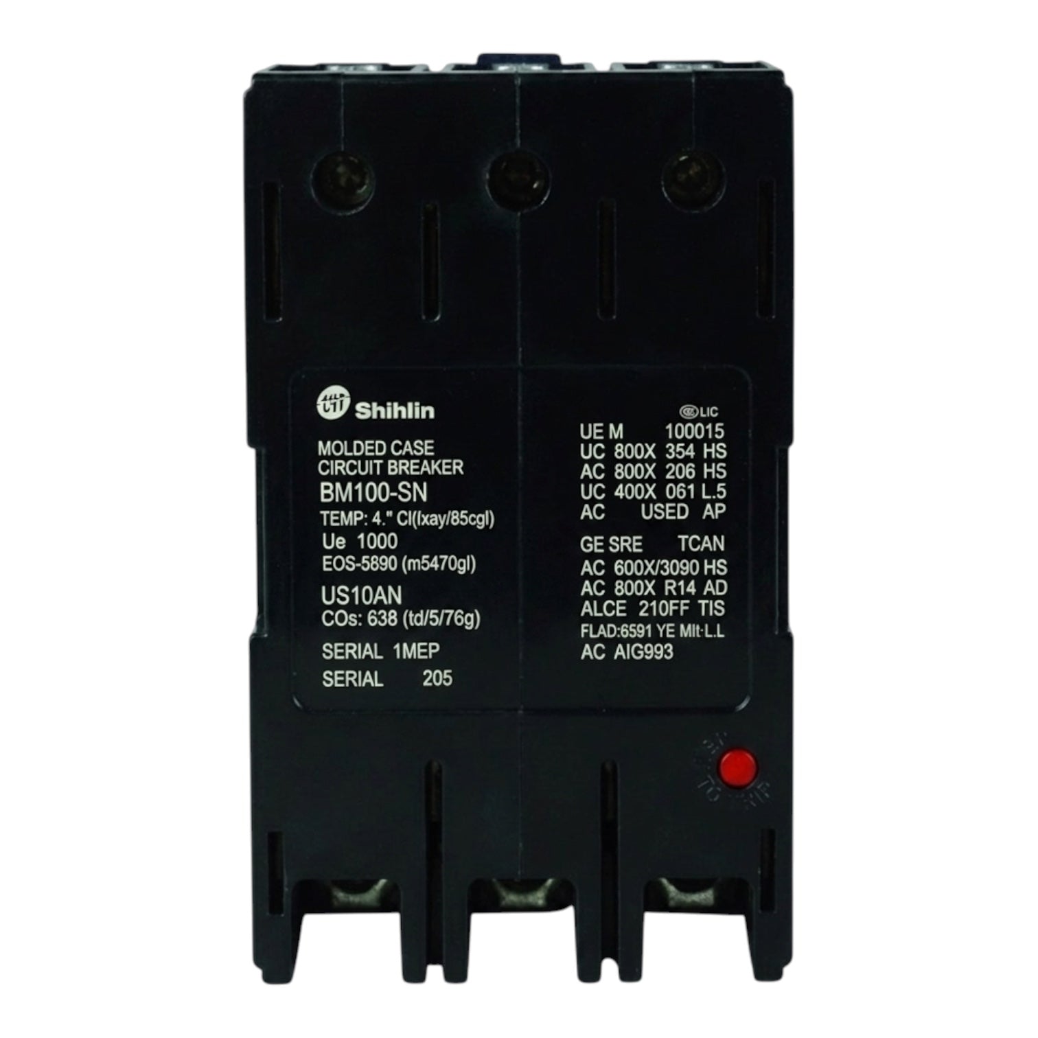 Shihlin BM100-HN molded case circuit breaker, black plastic with white technical specifications printed on the front, featuring a small red reset button.