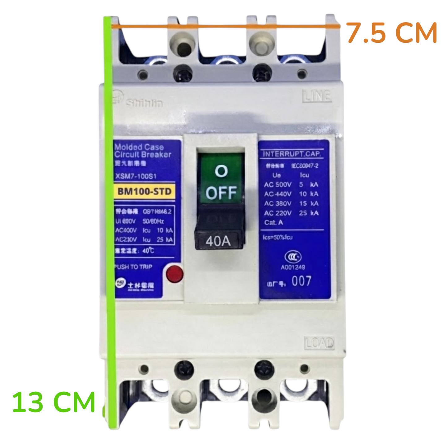 A Shihlin Electric circuit breaker with dimension annotations showing 7.5 cm width and 13 cm height, featuring a white plastic body, blue labels, and a central black switch.