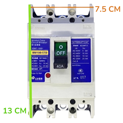 A Shihlin Electric circuit breaker with dimension annotations showing 7.5 cm width and 13 cm height, featuring a white plastic body, blue labels, and a central black switch.