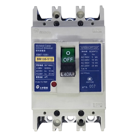 A molded case circuit breaker with a white plastic housing, blue label panels, and a central black switch showing the OFF position. The brand name 'shim' is visible on the upper left of the device.