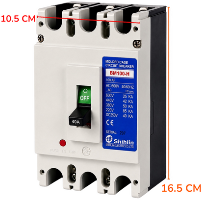 A molded case circuit breaker shown front-on against a white background, with red dimension lines and text indicating 10.5 cm width and 16.