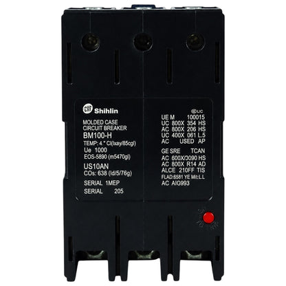 A Shihlin BM100-H molded case circuit breaker, black plastic with white printed technical specifications and a small red terminal screw on the front, isolated on a white background.