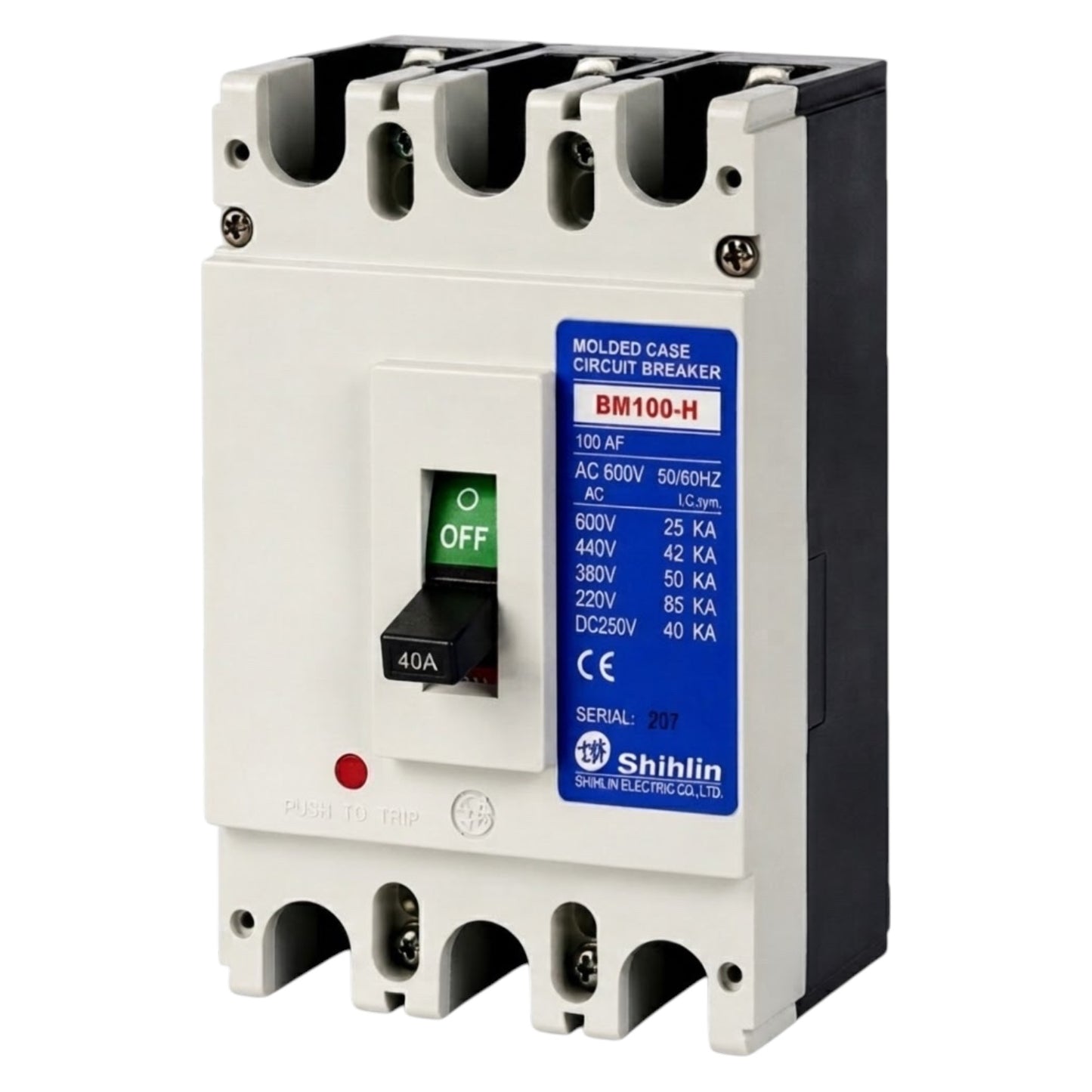 Shihlin BM100-H molded case circuit breaker with a white front, black side and top/bottom sections, a blue specification label, and a black switch set to OFF.