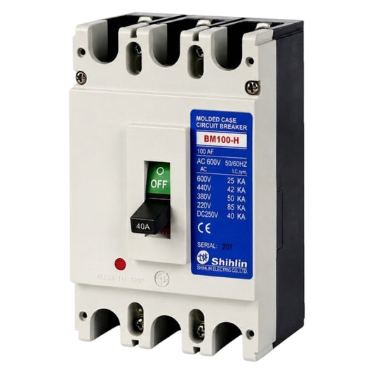 Shihlin BM100-H molded case circuit breaker with a white front, black side and top/bottom sections, a blue specification label, and a black switch set to OFF.