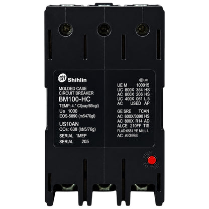 Shihlin BM100-HC molded case circuit breaker, black plastic with a white printed label and a small red reset button, shown on a plain white background.