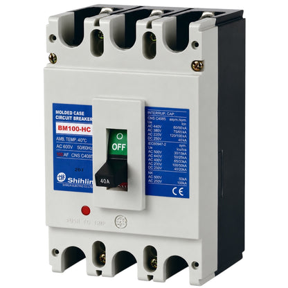 Shihlin BM100-HC molded case circuit breaker with a white front, black side housing, blue technical labels, and a black switch handle showing the off position.