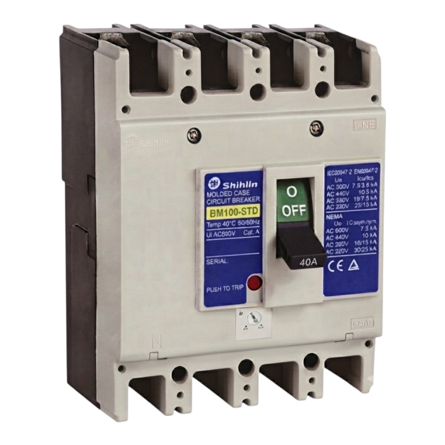 Shihlin BM100-HN molded circuit breaker, 4P, 40A, 220V AC, featuring a gray plastic housing, black terminal covers, blue and white label stickers, and a black switch handle.
