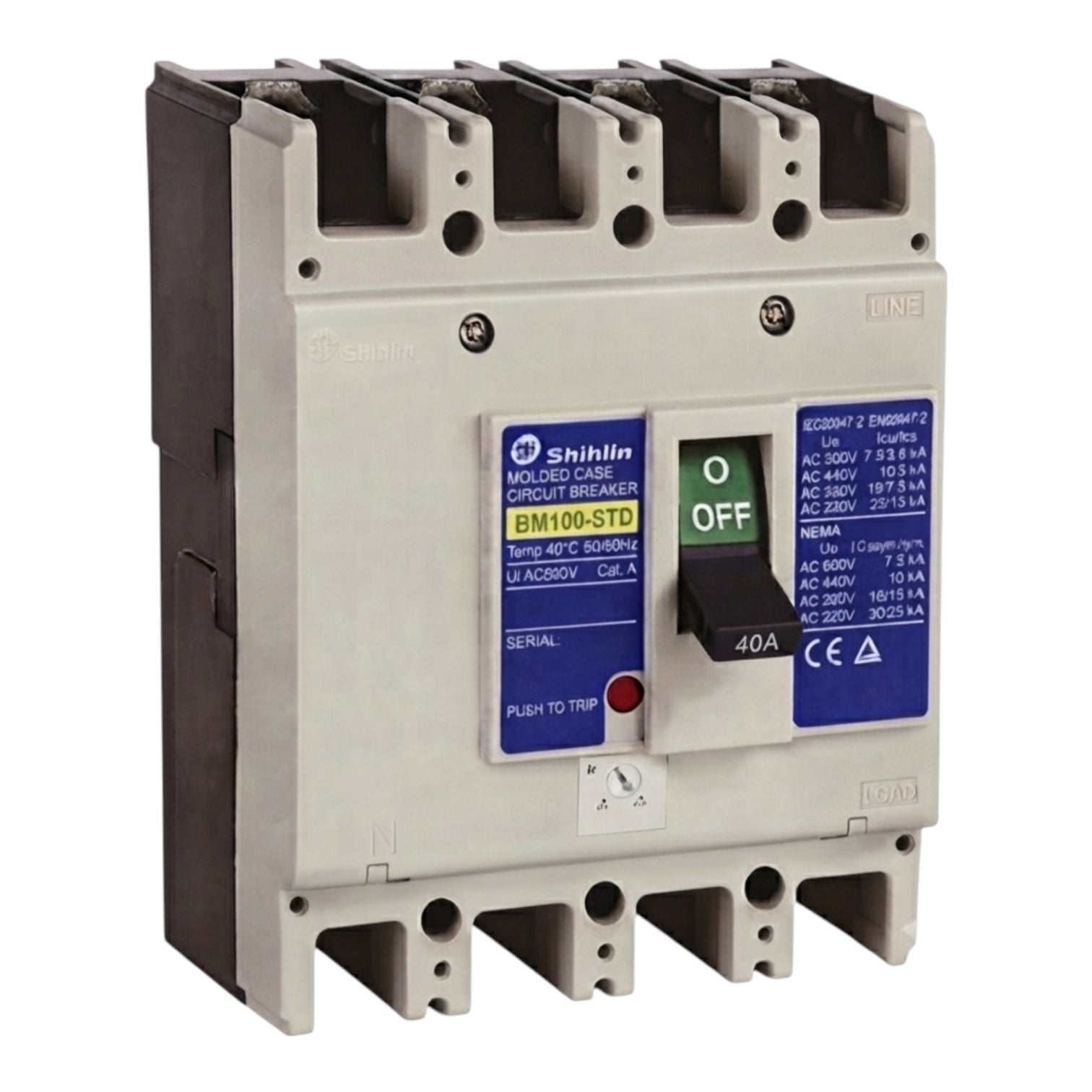 Shihlin BM100-HN molded circuit breaker, 4P, 40A, 220V AC, featuring a gray plastic housing, black terminal covers, blue and white label stickers, and a black switch handle.