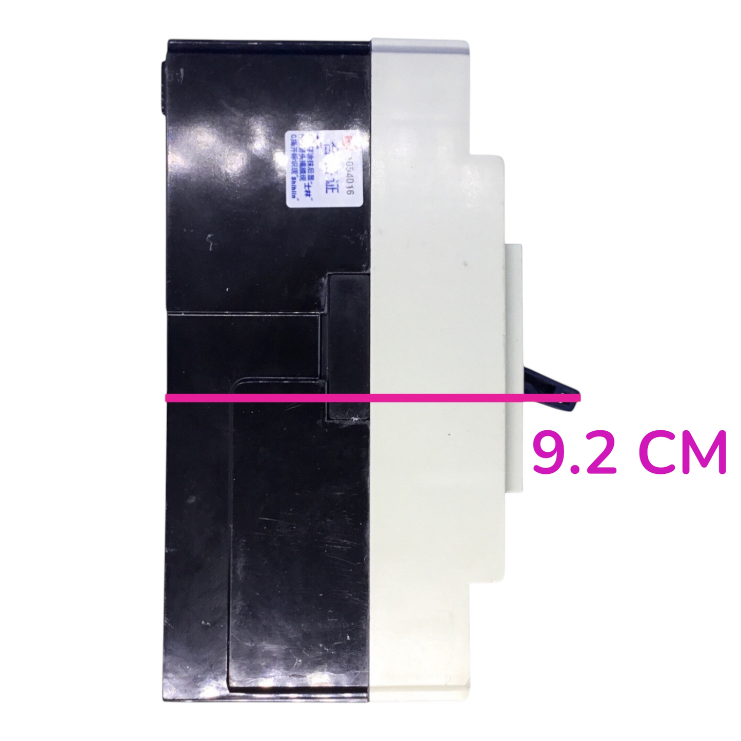 A black and white plastic replacement part with a pink horizontal measurement line and the text '9.2 CM' overlaid on the right side, indicating its width.