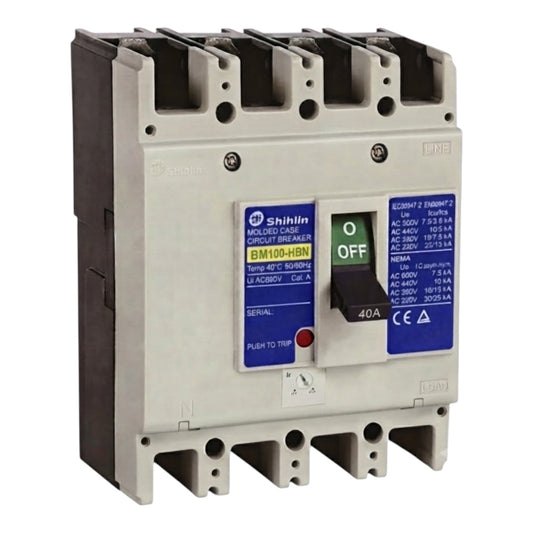 Shihlin BM100-HBN molded circuit breaker with a gray plastic housing, black terminal blocks, blue labels, and a green/off switch.