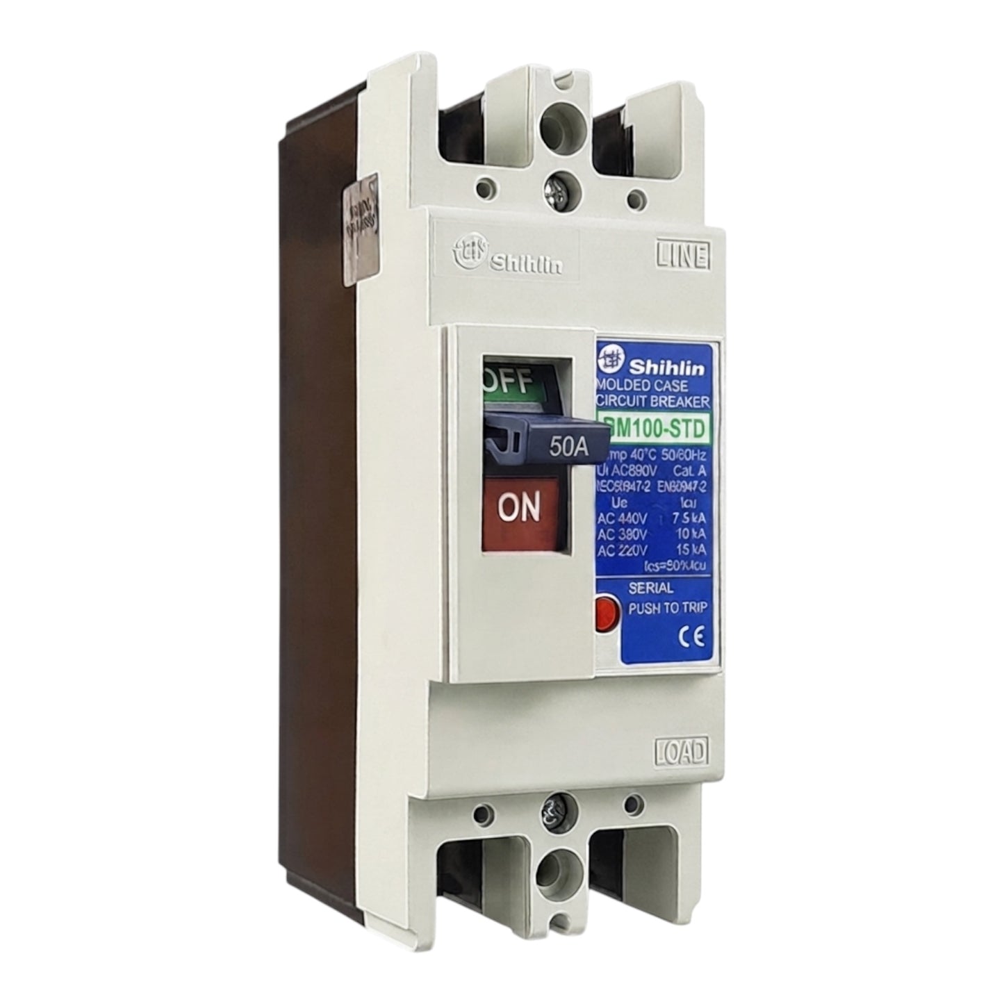 Shihlin BM100-STD 50A molded circuit breaker with a white front, brown side, and blue label, shown on a white background.