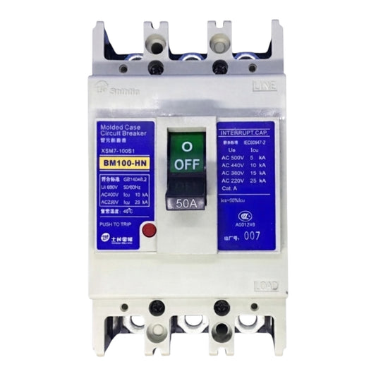 A molded case circuit breaker (MCCB) with a white plastic body, blue technical labels, and a central switch showing 'OFF' with a green illuminated window. The brand 'SINOTIE' is visible on the top left of the casing.