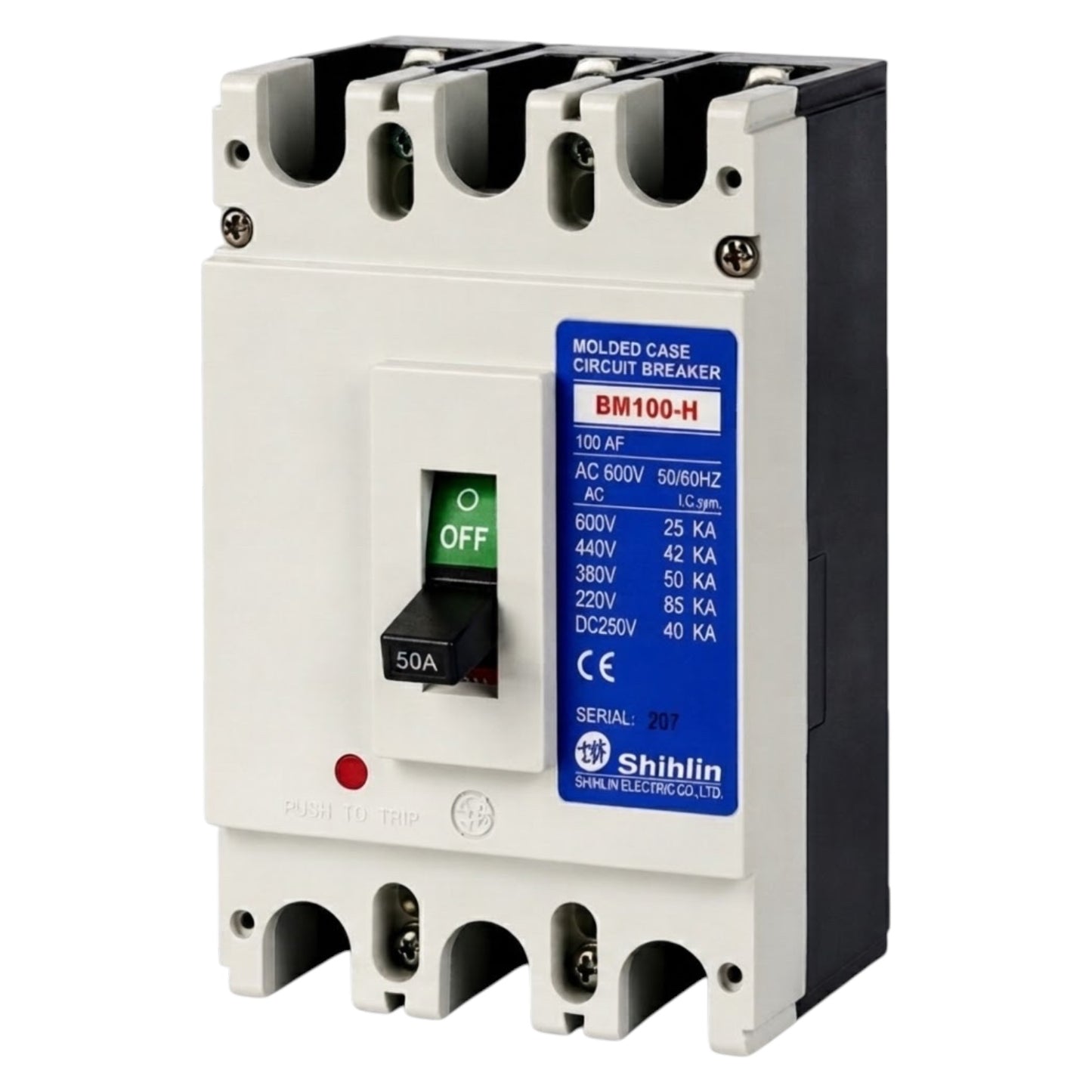 Shihlin BM100-H molded case circuit breaker with a white front, black side and top/bottom sections, a blue specification label, and a black switch set to OFF.
