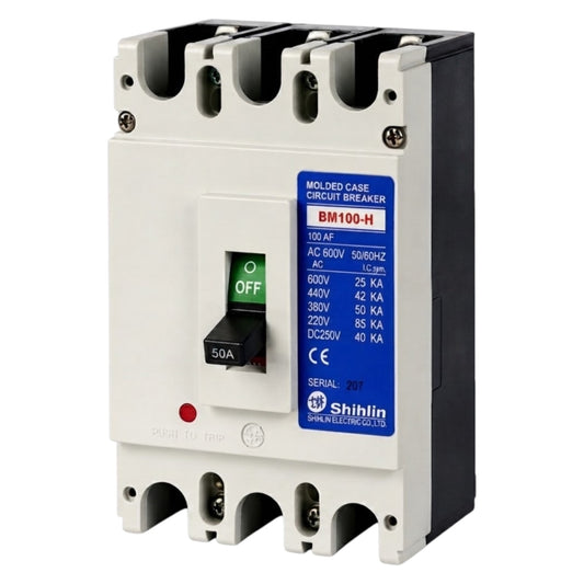 Shihlin BM100-H molded case circuit breaker with a white front, black side and top/bottom sections, a blue specification label, and a black switch set to OFF.