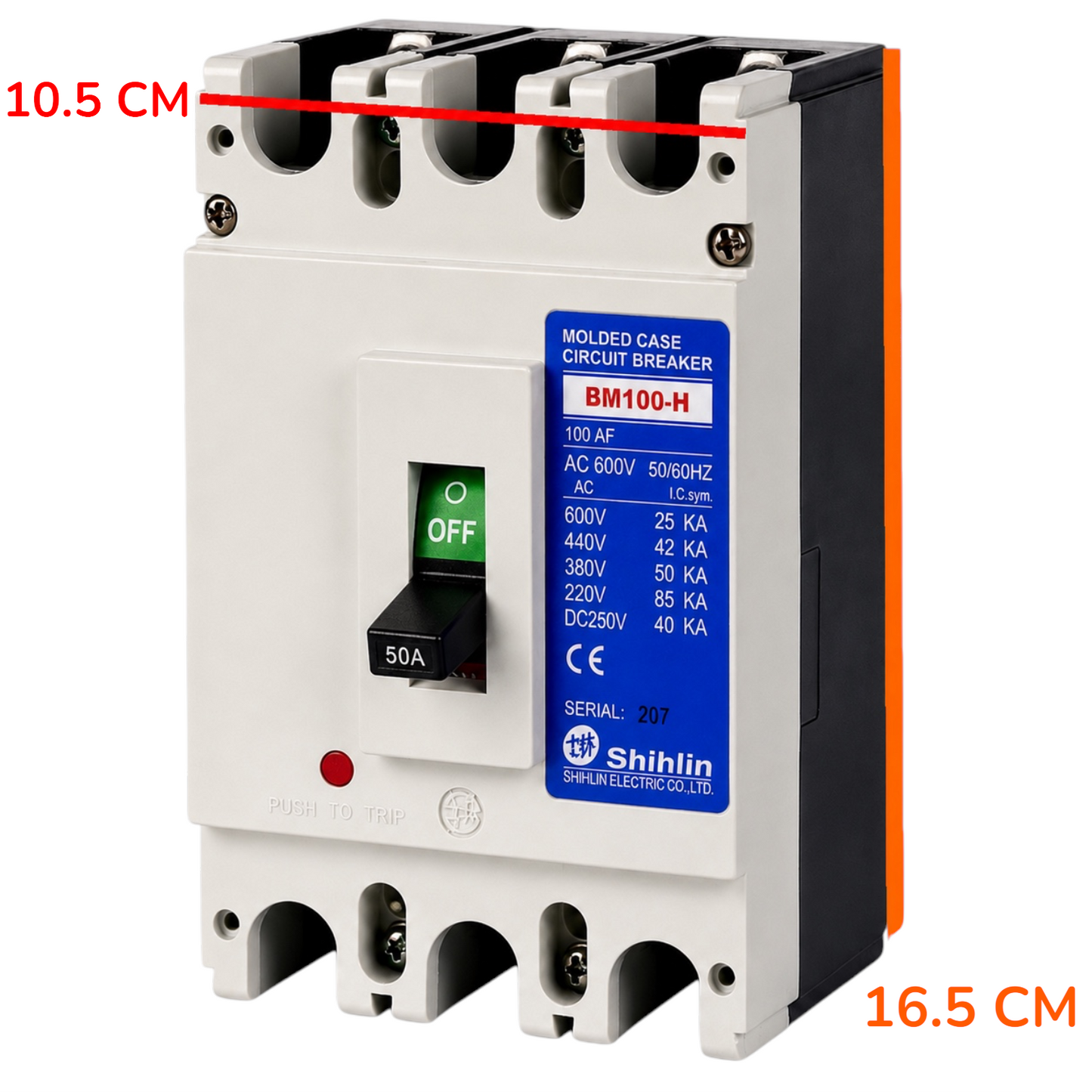 A Shihlin BM100-H molded case circuit breaker shown on a plain white background, with red dimension lines and text indicating 10.5 cm width and 16.