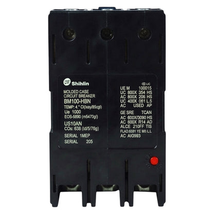 Shihlin BM100-HBN molded case circuit breaker in black plastic with white printed technical specifications and a small red indicator light, shown against a plain white background.