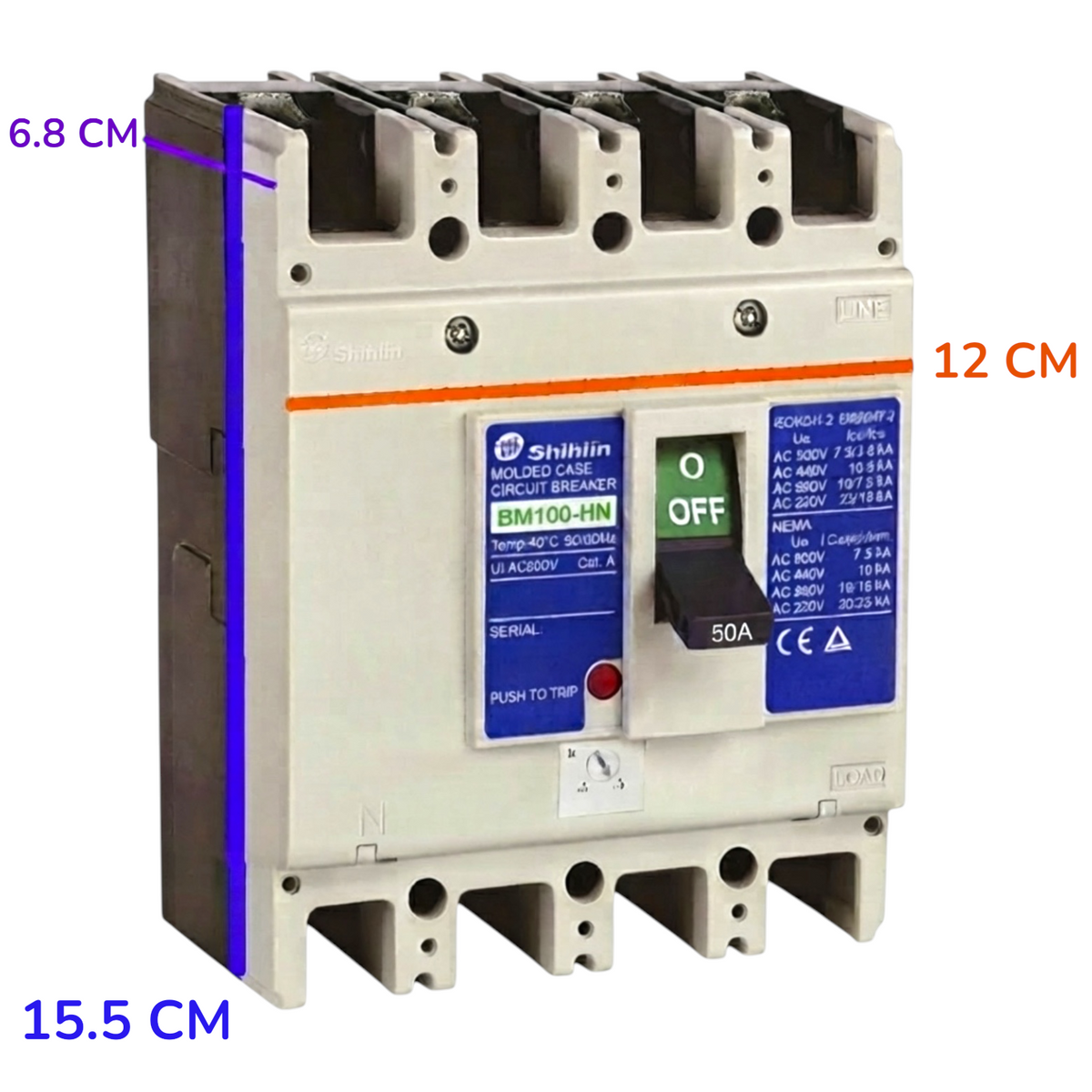 A Shihin BM100-HN molded circuit breaker shown on a plain white background with purple dimension lines and text indicating 6.8 cm, 12 cm, and 15.