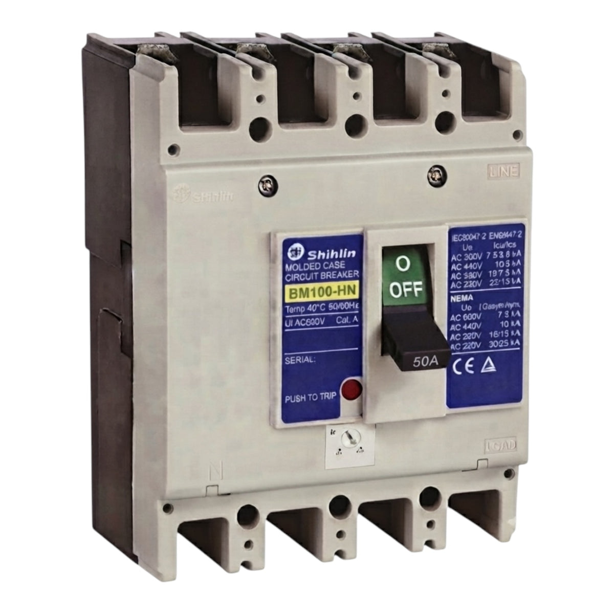 Shihlin BM100-HN molded circuit breaker, 3P, 50A, 400V AC, shown on a white background.