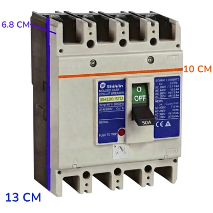 Shihlin molded circuit breaker shown on a plain white background with blue dimension lines and text indicating measurements: 6.8 cm, 10 cm, and 13 cm.