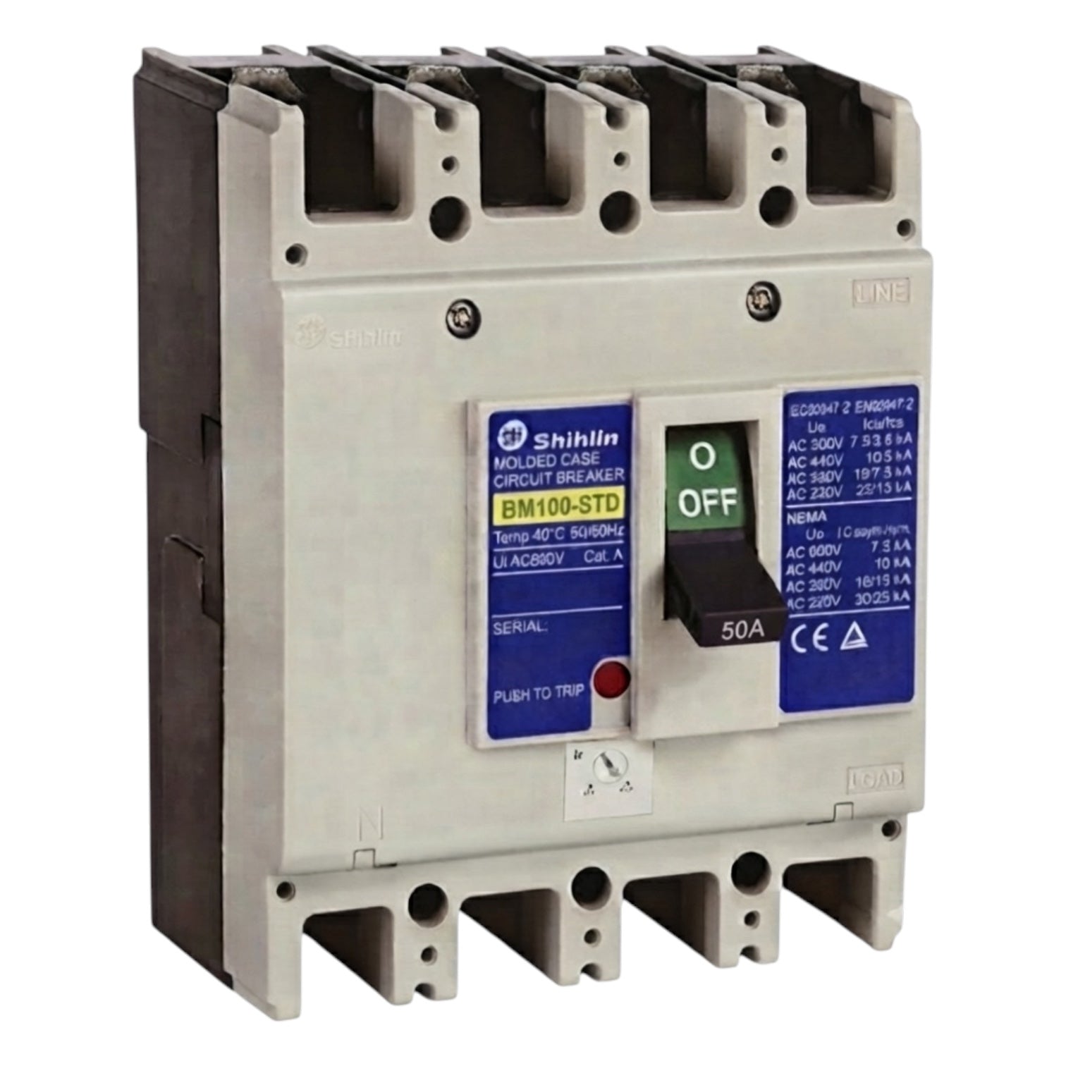 Shihlin BM100-STD molded case circuit breaker, 50A AC 240V, Col A, featuring a gray plastic housing, black terminal covers, and blue and white label stickers.