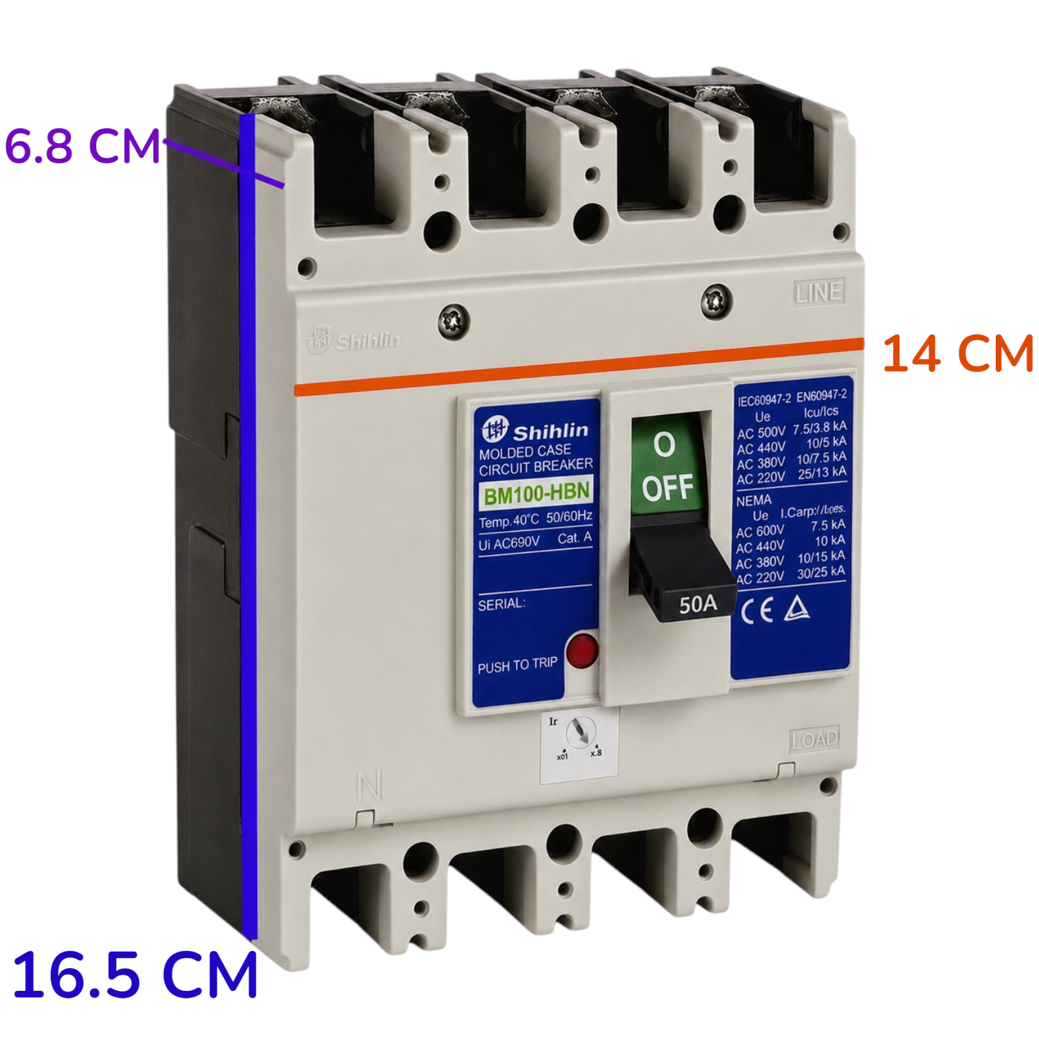 A Shihlin molded case circuit breaker shown from the front with dimension labels in purple: 6.8 cm width, 14 cm depth, and 16.