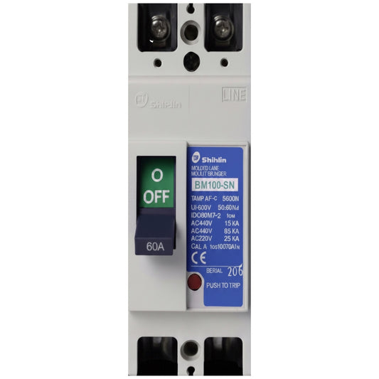 Shivlin BM100-SN Molded Line Switch with a gray plastic housing, featuring a blue and white technical label, a blue switch handle, and a green 'OFF' position indicator.