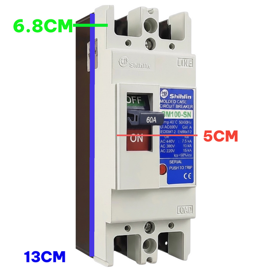 A Shihlin molded plastic circuit breaker shown on a plain white background with measurement callouts in green, red, and blue indicating dimensions.