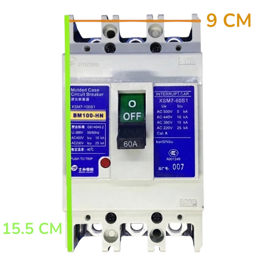 A molded case circuit breaker with blue and white labels, shown front-on against a white background. Yellow text indicates 9 CM width and green text indicates 15.