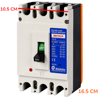 Shihlin BM100-H molded case circuit breaker with dimension annotations showing 10.5 cm width and 16.