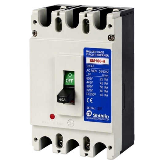 Shihlin BM100-H molded case circuit breaker with a white front, black top and bottom housing, and a blue specification label.