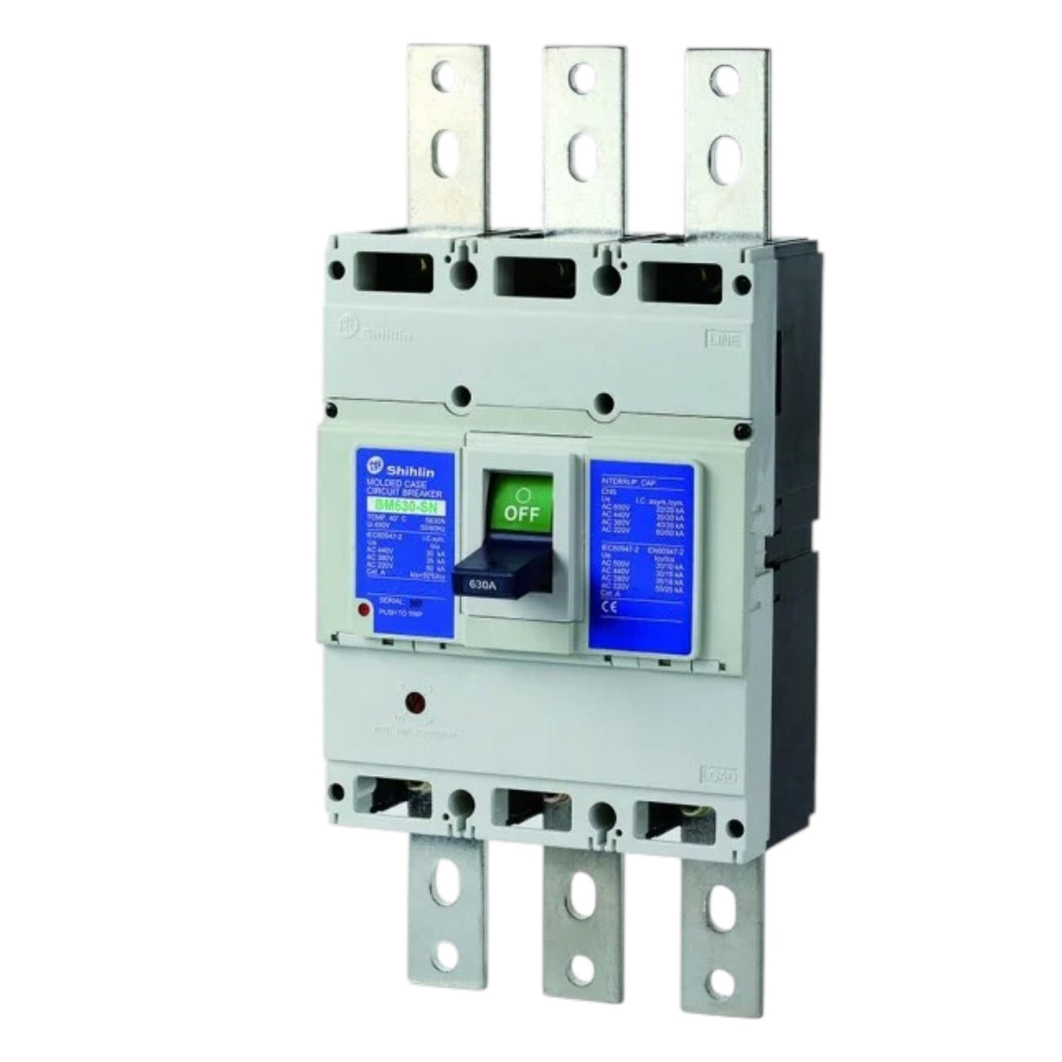 A Schneider Electric circuit breaker with a gray plastic housing, blue control panels, and a black switch handle, shown on a plain white background.