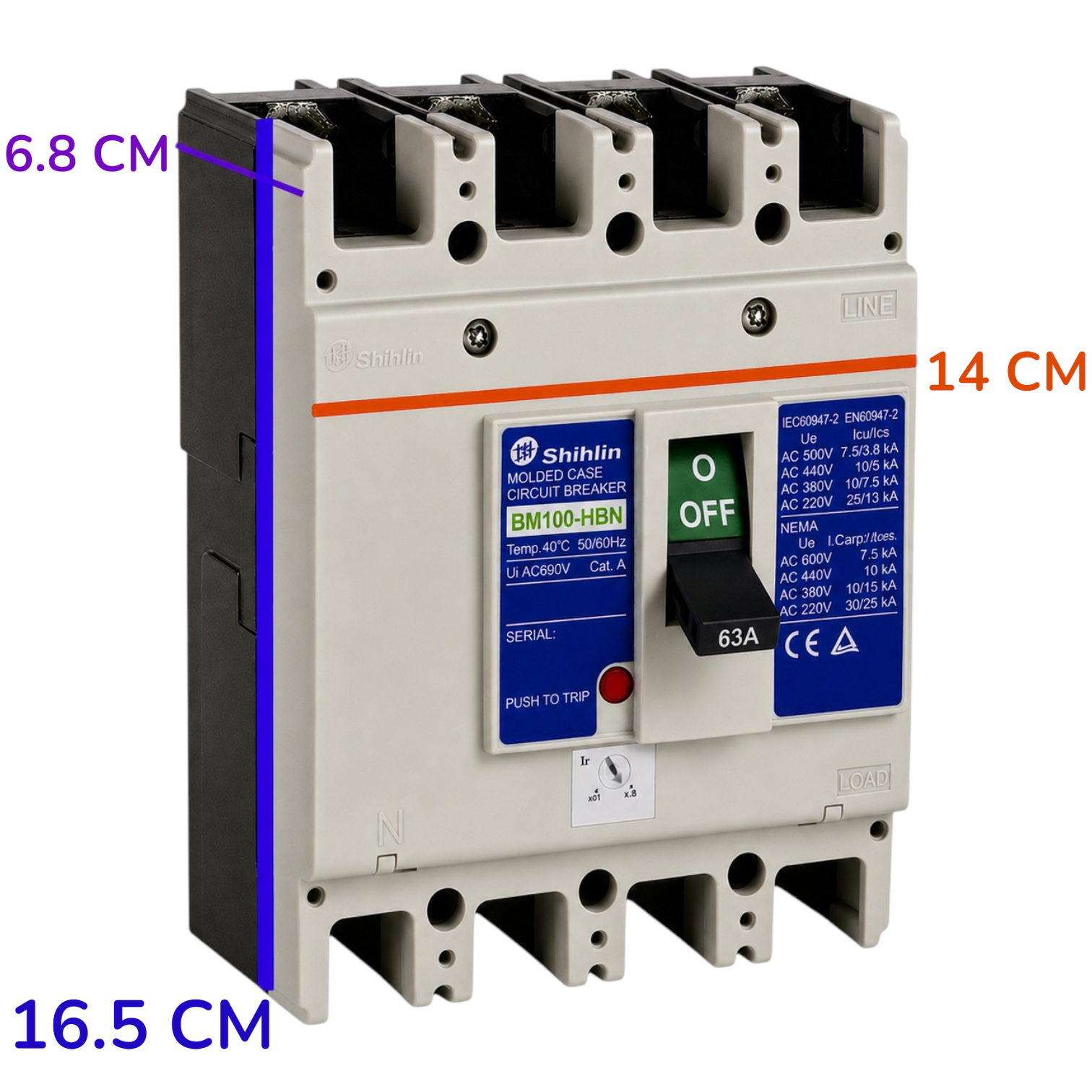 Shihlin BM100-HBN molded case circuit breaker with dimension annotations showing 6.8 cm, 14 cm, and 16.