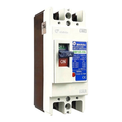 Shihlin BM100-HN solid state circuit breaker, 70A AC 400V/800V, featuring a white plastic housing, brown side panel, blue and red front label, and green/off and blue/ON switch positions.
