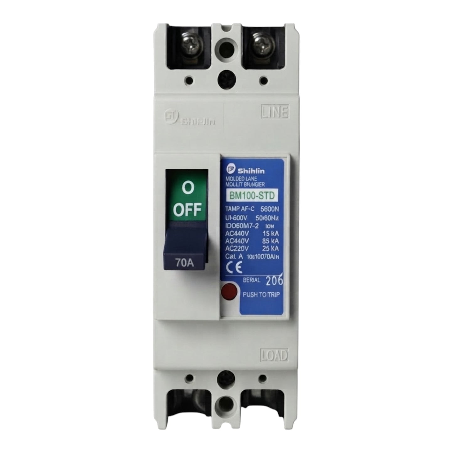 Shihlin BM100-STD molded case circuit breaker, 70A AC 240V, featuring a light gray plastic housing, dark gray terminal blocks, and blue and white control labels with a black switch.