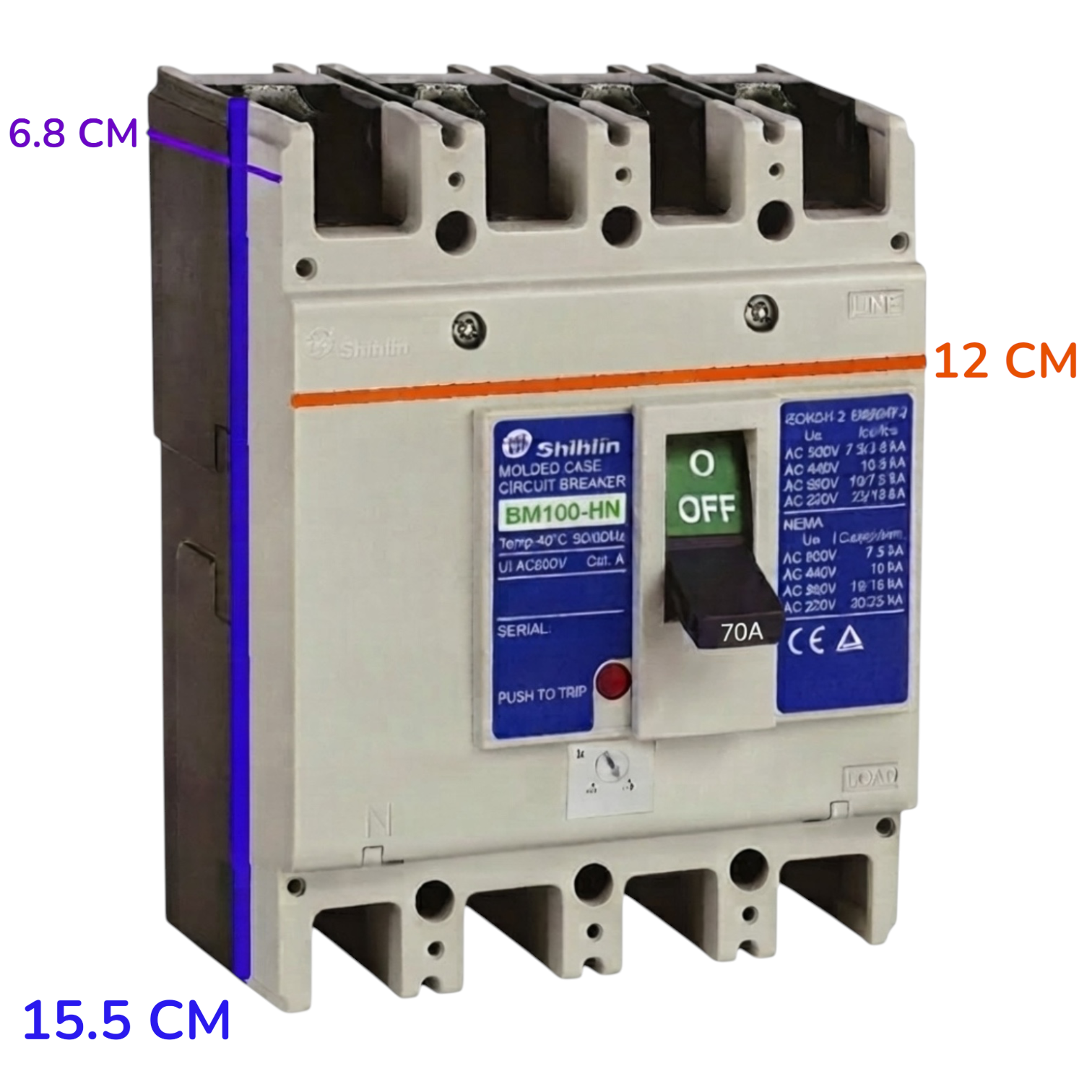 A Shihlin BM100-HN molded circuit breaker shown from the front with dimension callouts in blue and orange text indicating 6.8 cm, 12 cm, and 15.