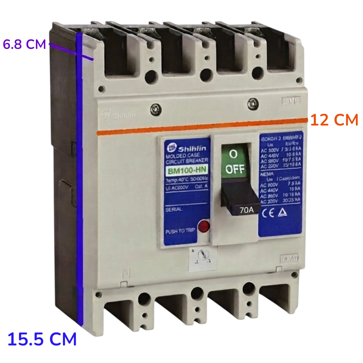 A Shihlin BM100-HN molded circuit breaker shown from the front with dimension callouts in blue and orange text indicating 6.8 cm, 12 cm, and 15.
