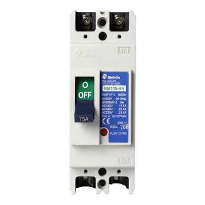 A Shihlin BM100-HN molded circuit breaker with a white plastic housing, featuring a blue and green OFF switch, a blue technical label, and terminal connectors at the top and bottom.