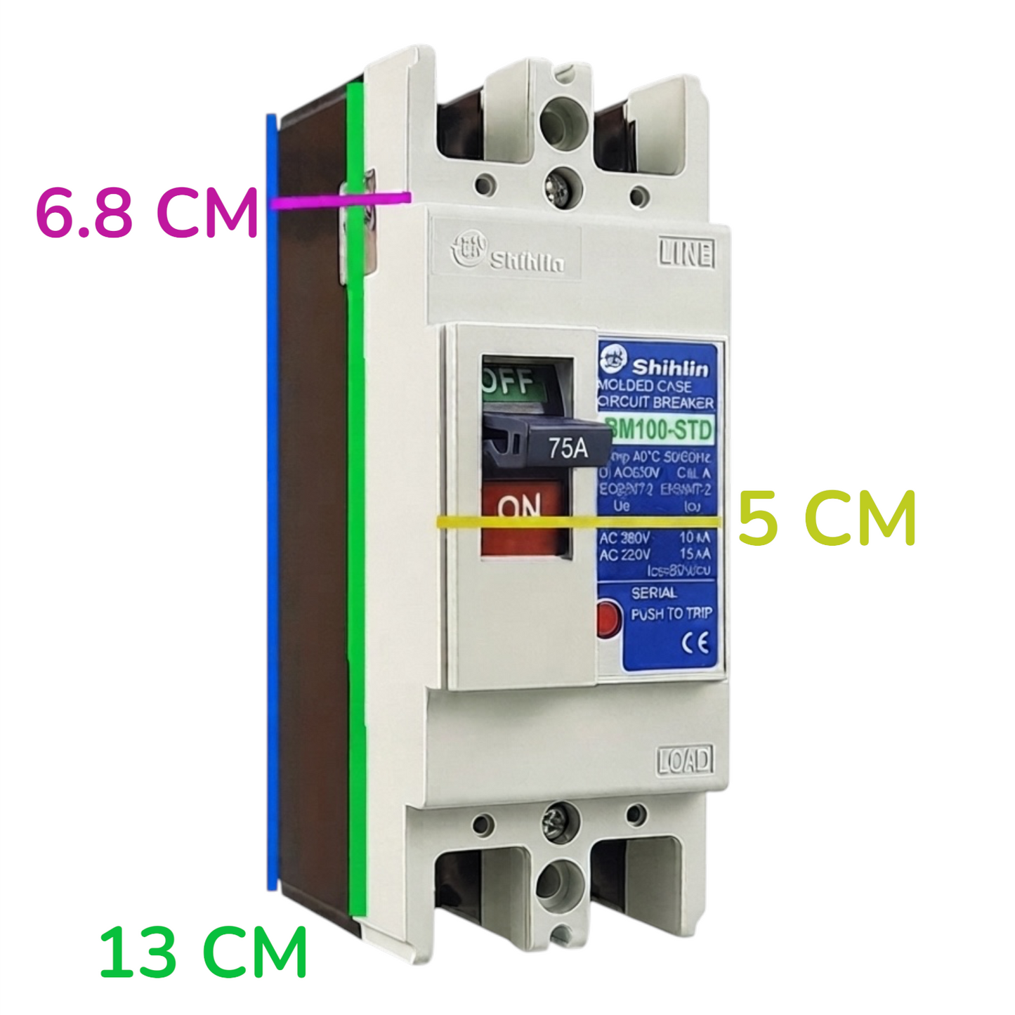 Shihlin BM100STD AC 220V 75A circuit breaker with dimension annotations showing 13 cm total length, 6.8 cm side depth, and 5 cm front panel depth, on a white background.