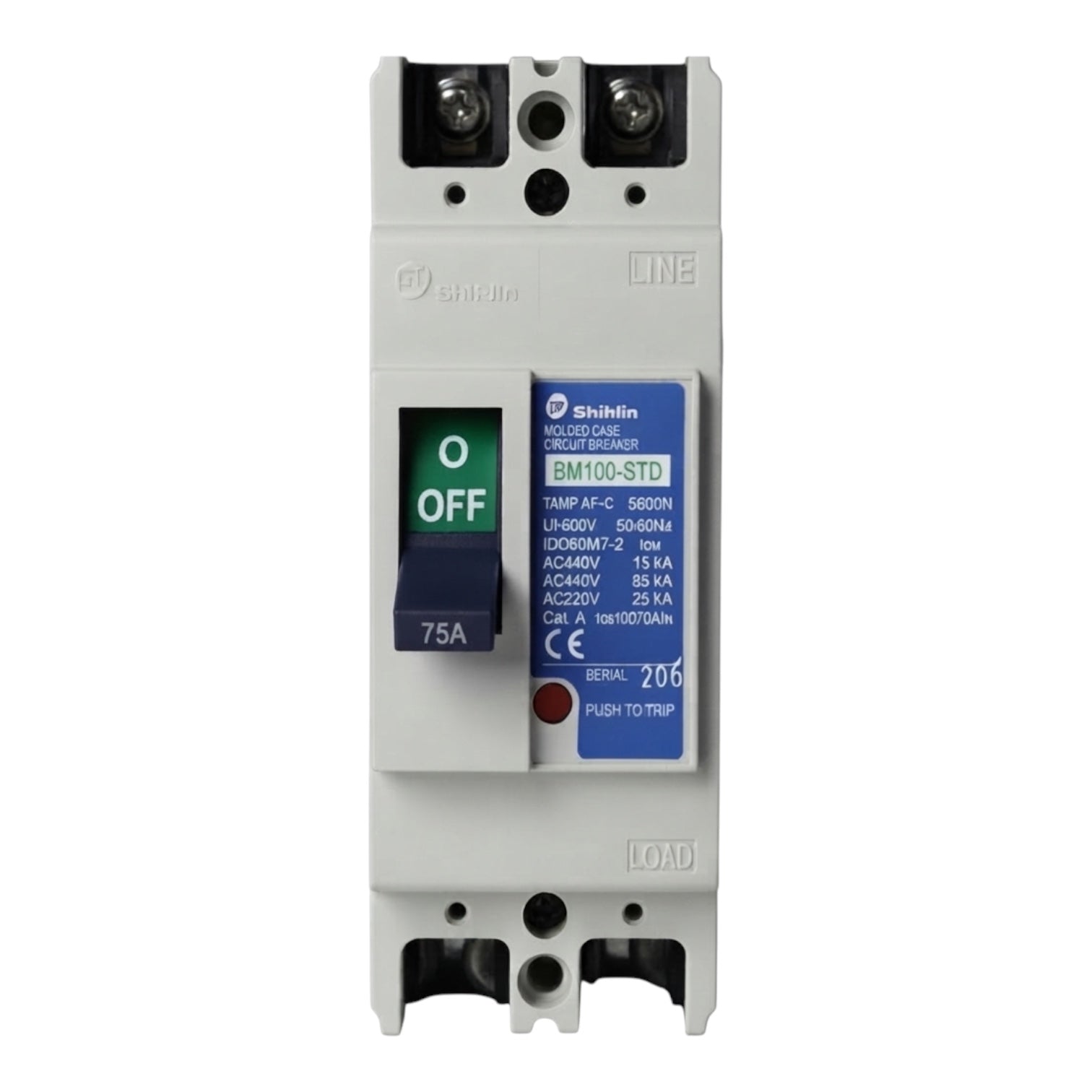 Shihlin BM100-STD molded case circuit breaker, 75A AC 240V, featuring a light gray plastic housing, dark gray terminal blocks, and blue and white control labels with a black switch.