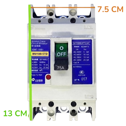 A Shihlin Electric circuit breaker with dimension annotations showing 7.5 cm width and 13 cm height, on a plain white background.