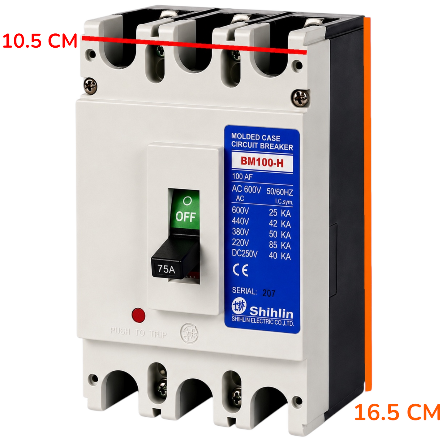 Shinlin BM100-H AC 230V Circuit Breaker with dimension annotations showing 6.8 cm, 5 cm, and 13 cm measurements on a white background.