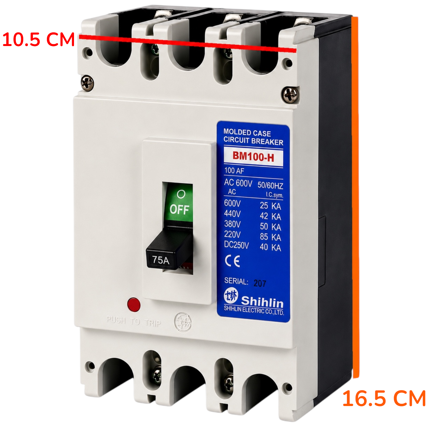 Shinlin BM100-H AC 230V Circuit Breaker with dimension annotations showing 6.8 cm, 5 cm, and 13 cm measurements on a white background.